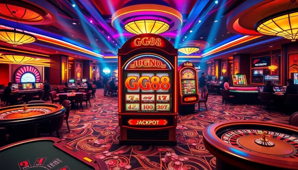 Experience the excitement of GG88 with a vibrant casino scene featuring thrilling slot machines and lively games.