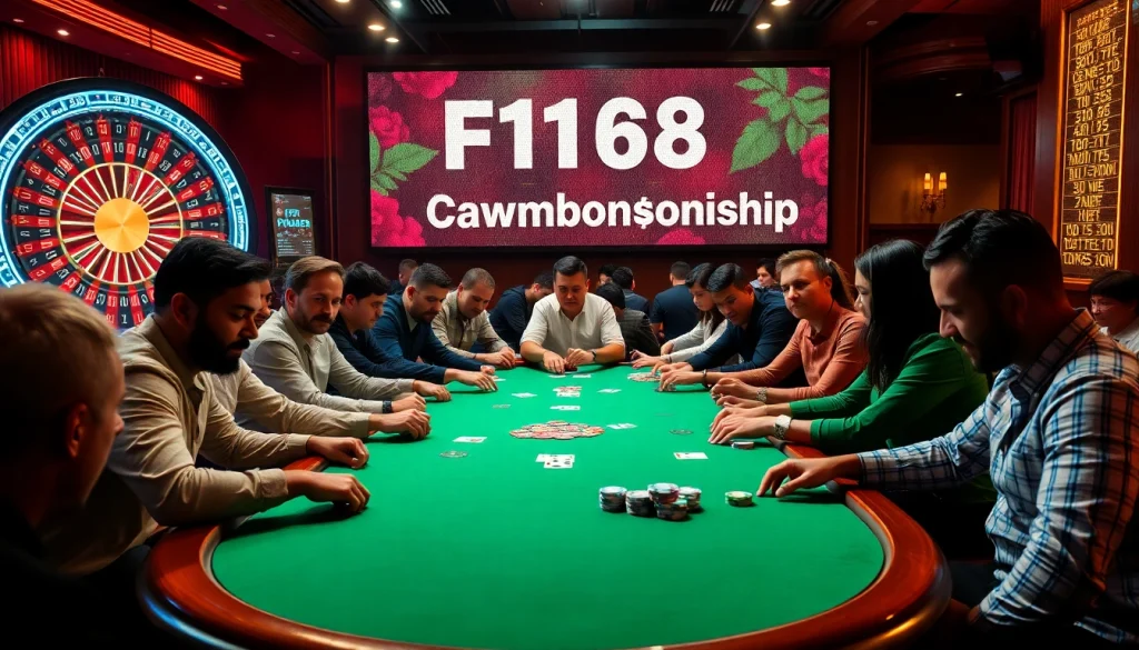 F168 players at a dynamic poker table making strategic bets in an upscale casino.