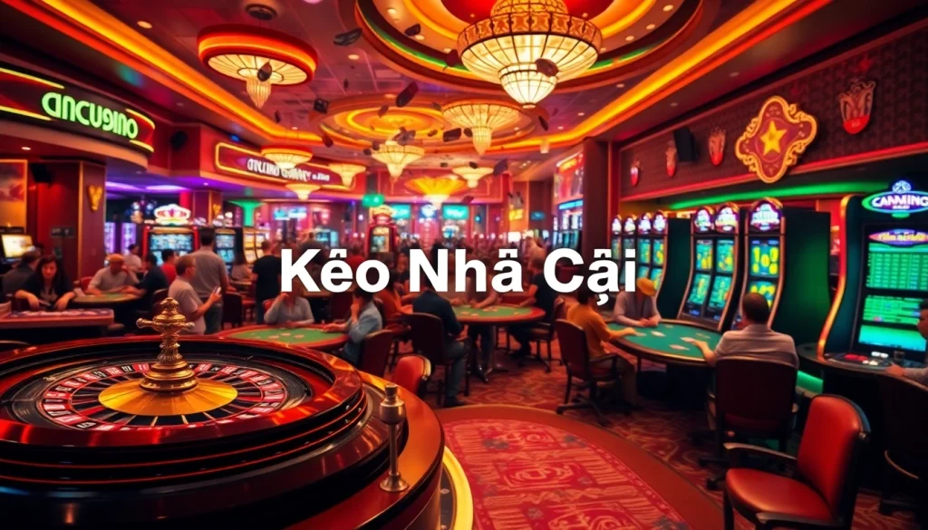 Kèo Nhà Cái springs to life as players enjoy thrilling casino games, celebrating wins with poker chips and roulette excitement.